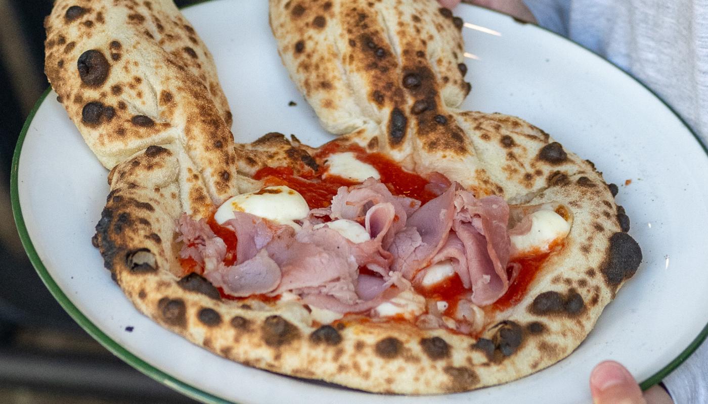 Bunny-shaped pizza fresh from the wood-fired oven