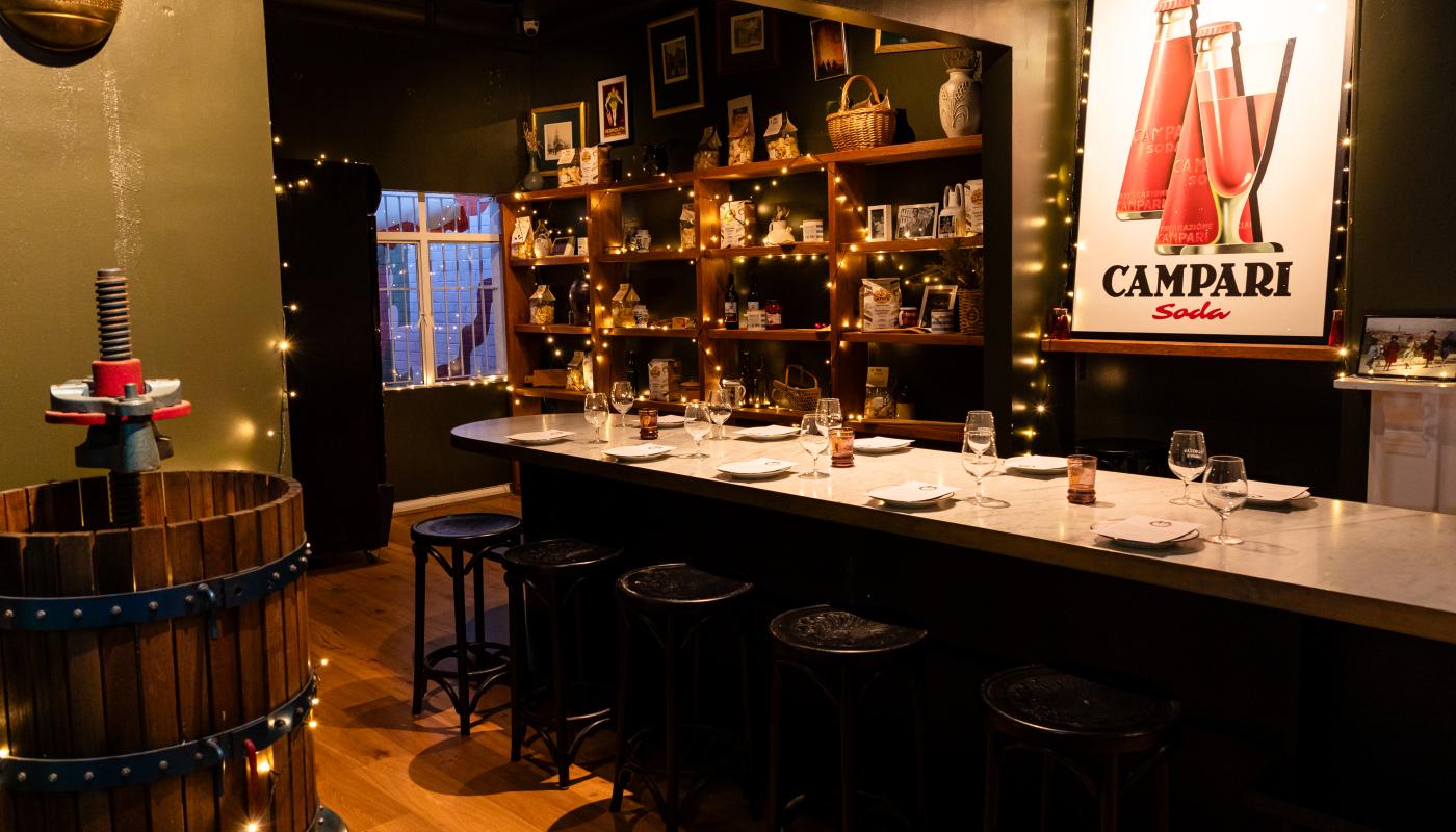 The private dining room set for the evening