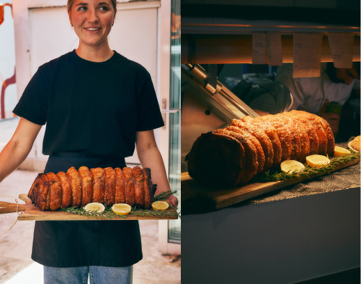 Porchetta roast tray held high